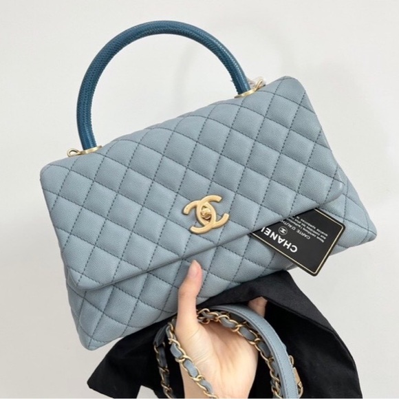 Chanel coco handle sky blue caviar aged gold hardware